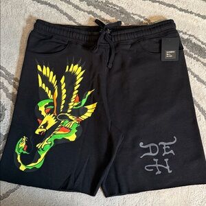 Ed Hardy Black and Blue Skull Graphic Men's Sweat Shorts